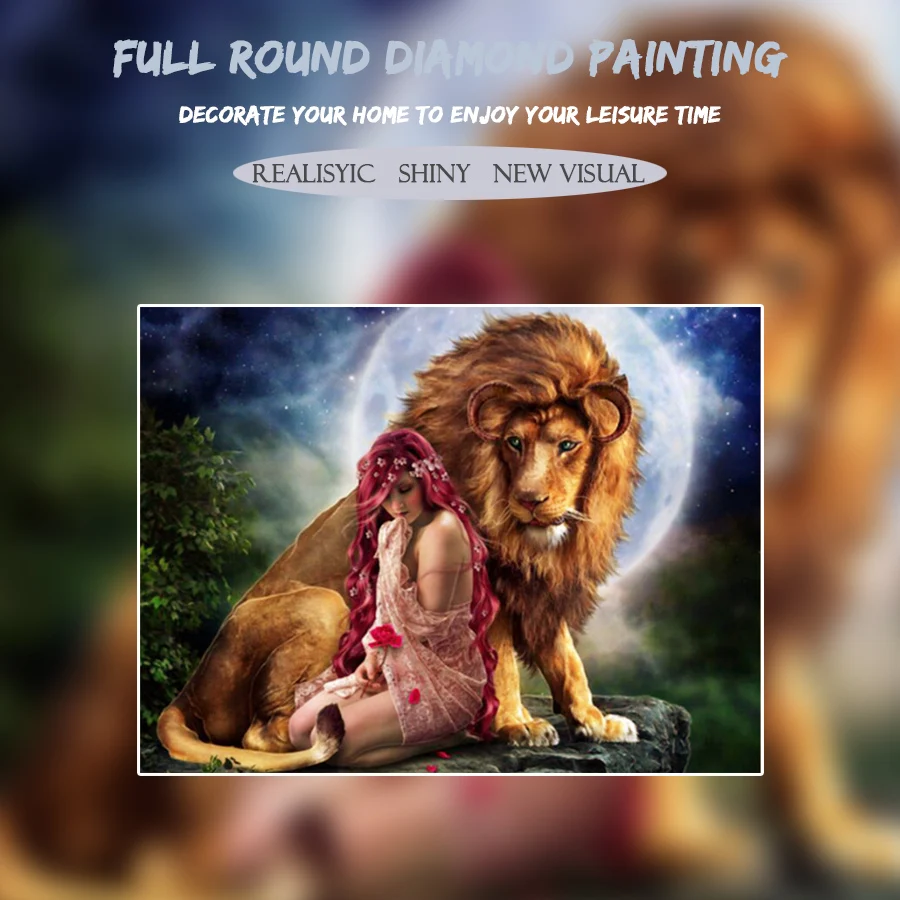 

Full Round Diamond 5D DIY Diamond Painting Embroidery Crossstitch "Beautiful Woman&Lion" Rhinestone Mosaic Painting Decor