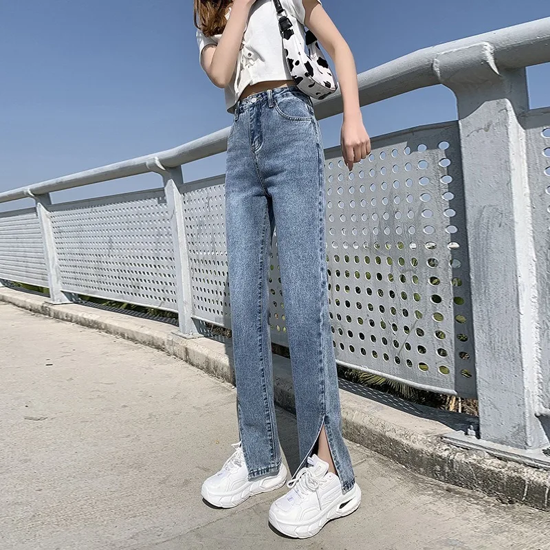 

2021 European And American Summer New High-waist Women's Jeans Slit Long Trousers Thin And Tall Loose Women's Pants