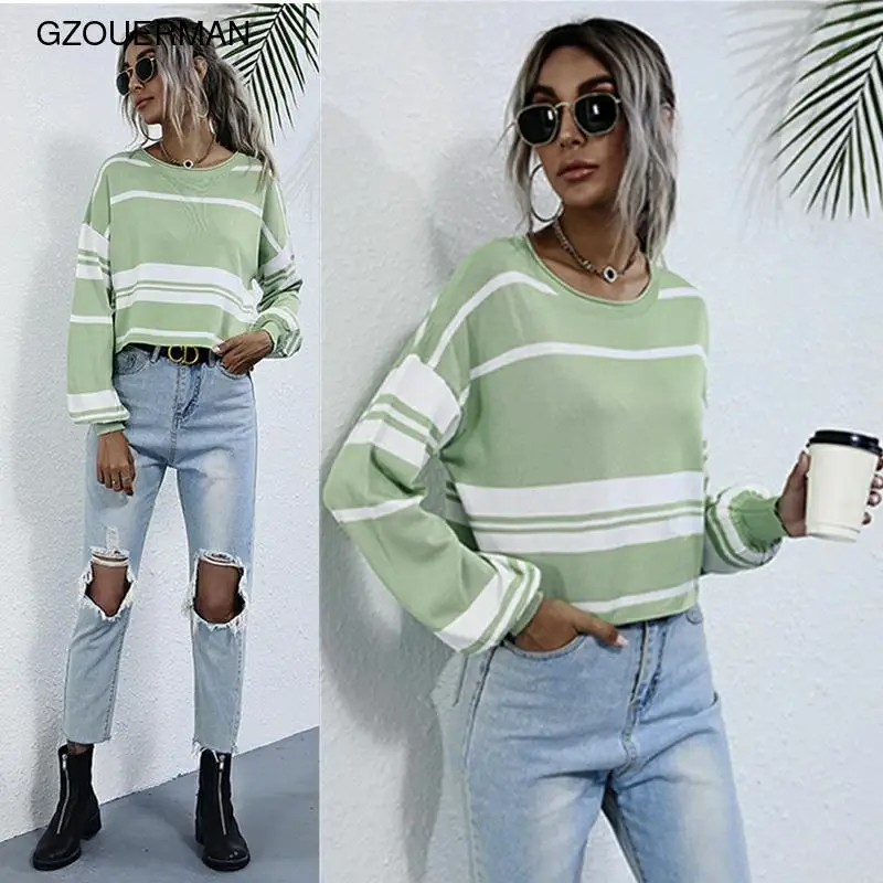 

2021 New Fashion Women Girls Striped Leisure Knit Female Slim Long Sleeve O-neck Short Pullover Knitwear Casual Sweater