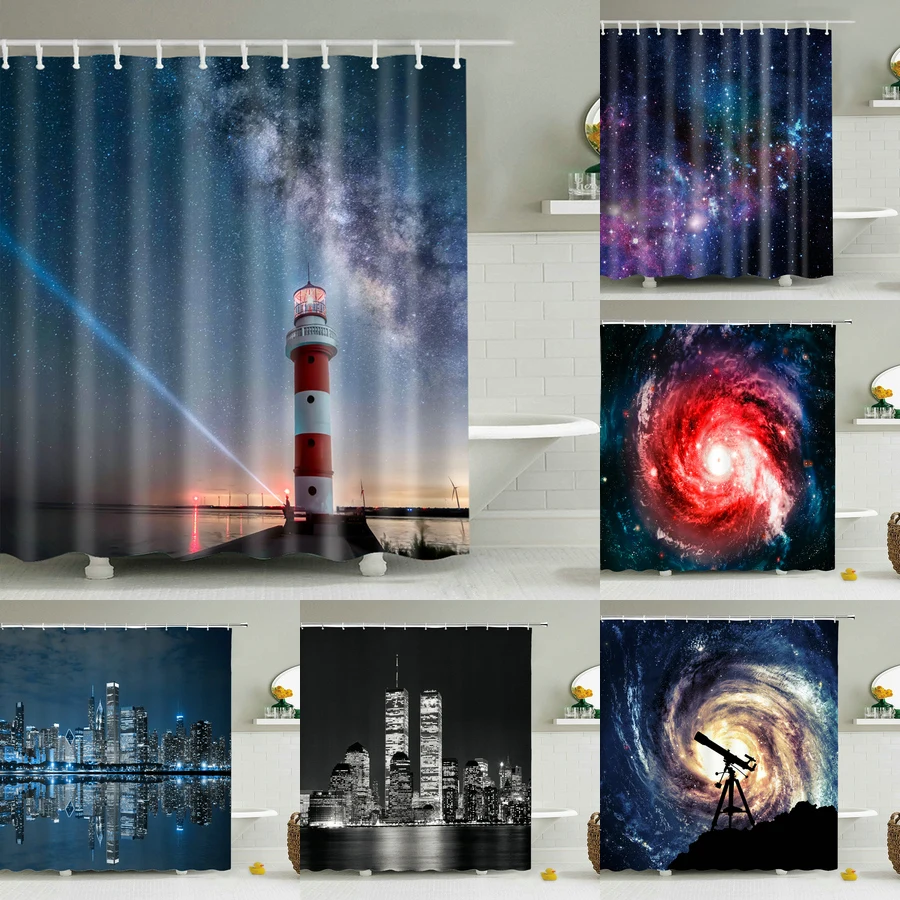 

3d Print Lighthouse Galaxy Shower Curtains Night Starry Sky Bathroom Curtain Waterproof Polyester Fabric With Hook Bath Curtain