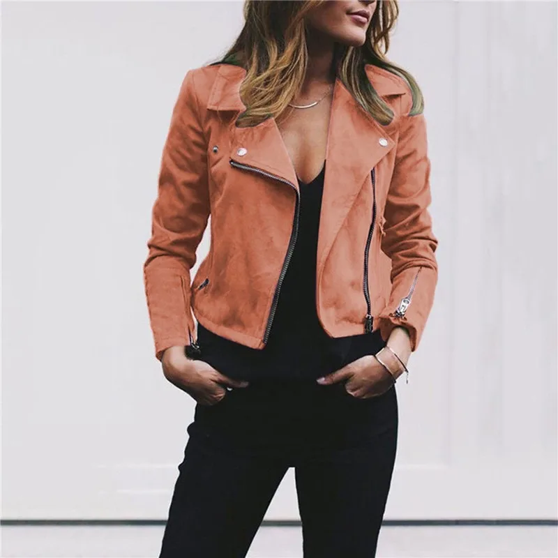 

Women Faux Leather Elegant Zipper Basic Jacket Women Outwear Solid Slim Long Sleeve Turn-down Collar Fashion Short Jacket