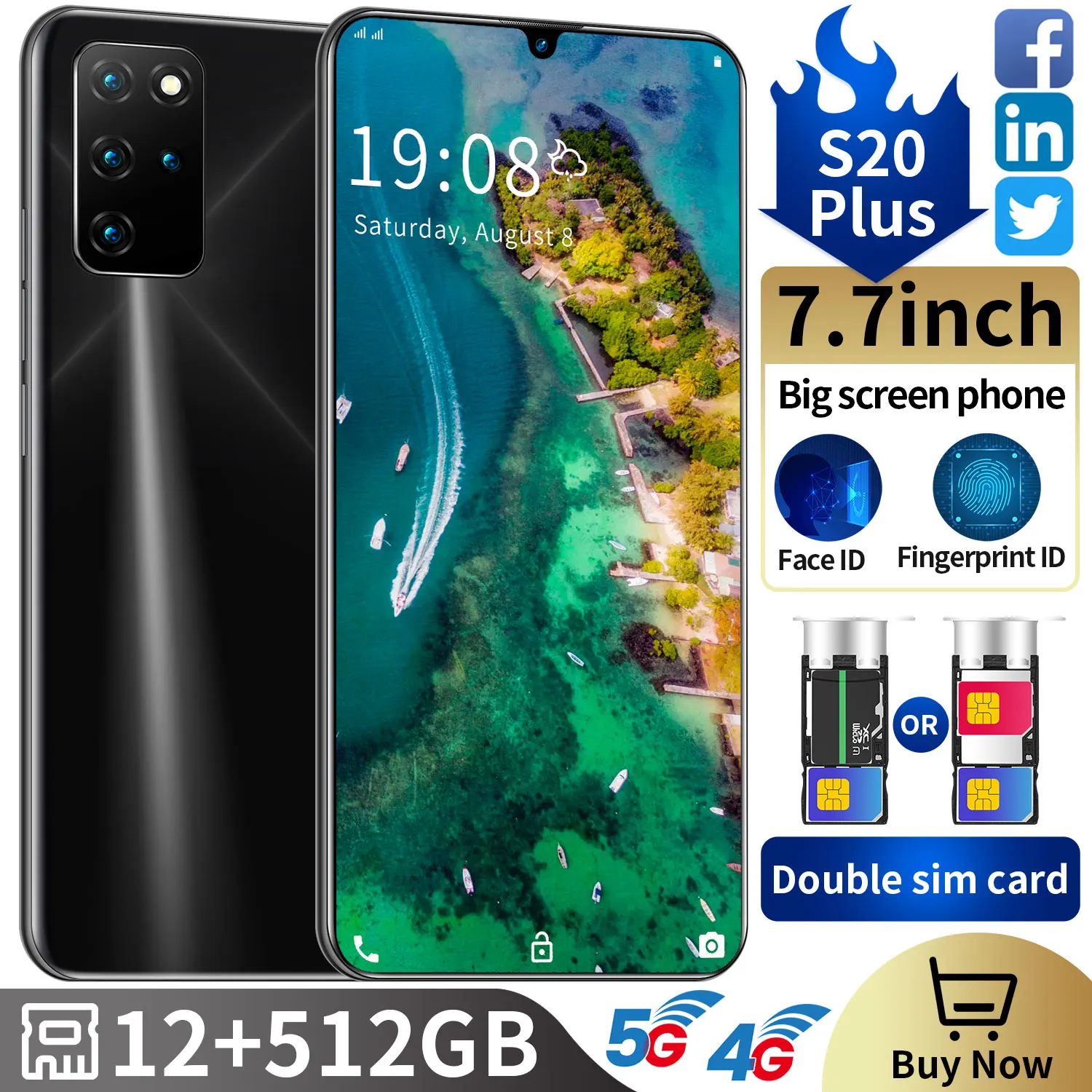 

Galxy Original S20 Plus 7.7 Inch HD Full Screen Android Smartphone Dual SIM 4G 5G LTE 12 512GB Cellphone Face Fingerprint Unlock