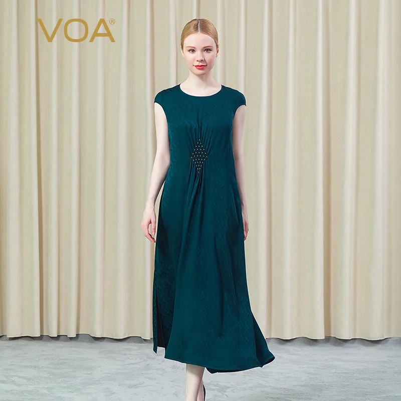 

VOA Silk Jacquard Round Neck Sleeve Fold Three-dimensional Diamond Decoration Dark Green Big Pendulum Women Dress Summer AE853
