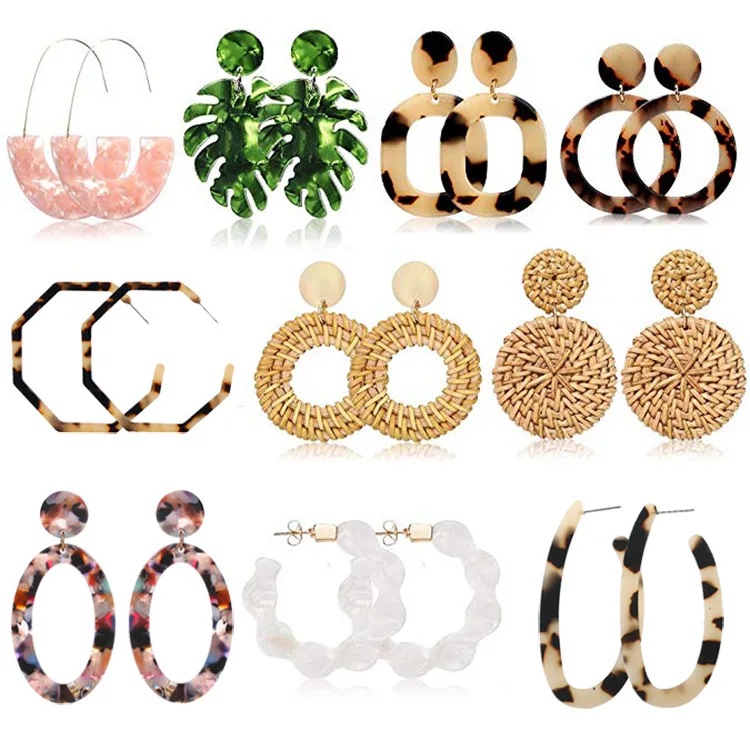 

Rattan Earrings for Women Girls Fun Acrylic Hoop Drop Dangle Earring Fashion Resin Jewelry Set Hypoallergenic for Sensitive Ears