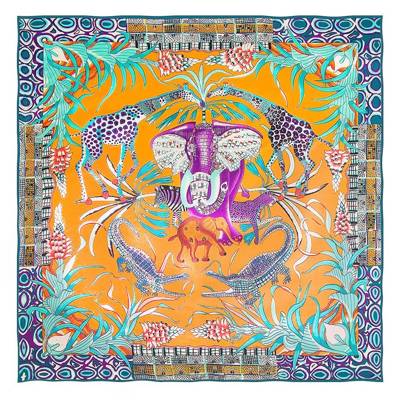 

130*130 cm women square scarf silk cute elephant print headband bandana lady bufanda shawl super large 100% twill foulard femme
