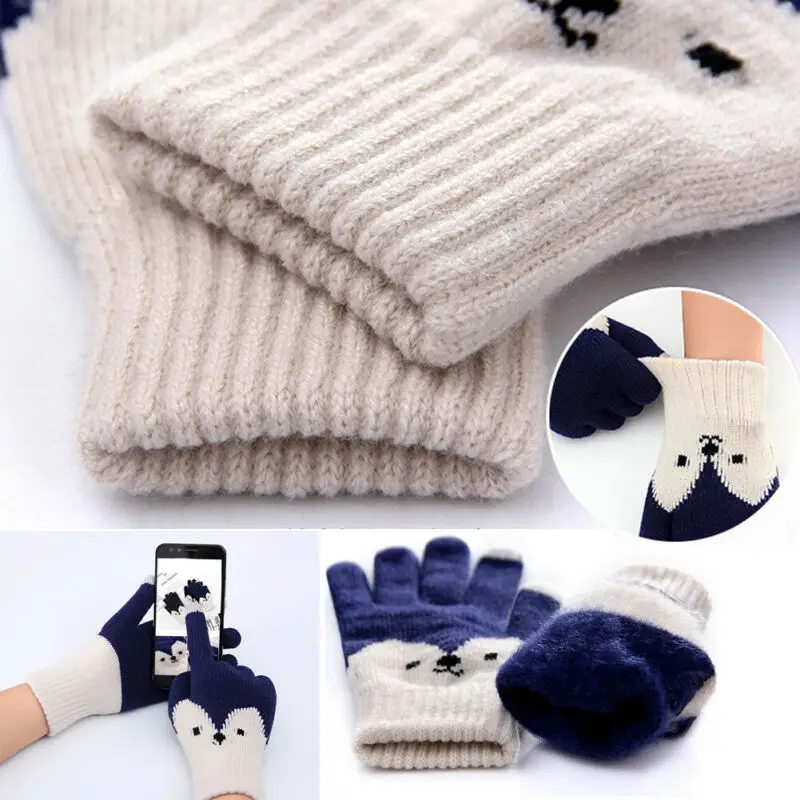 Мультяшная лиса милые зимние перчатки для сенсорного экрана женщин и мужчин
