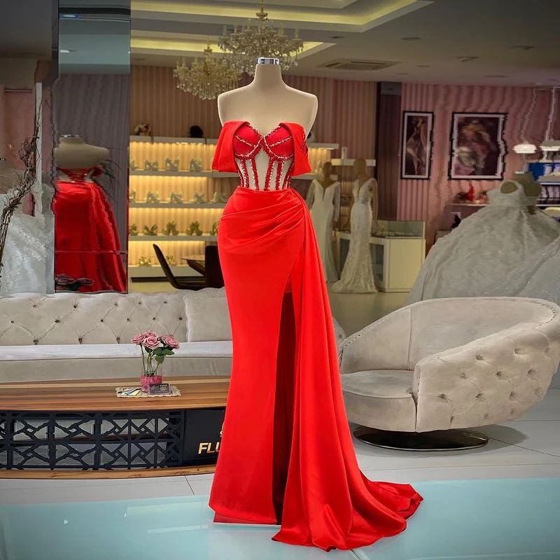 

Красные деловые элегантные платья для выпускного вечера, женское длинное вечернее платье-Русалка с разрезом и рукавами-фонариками для торж...