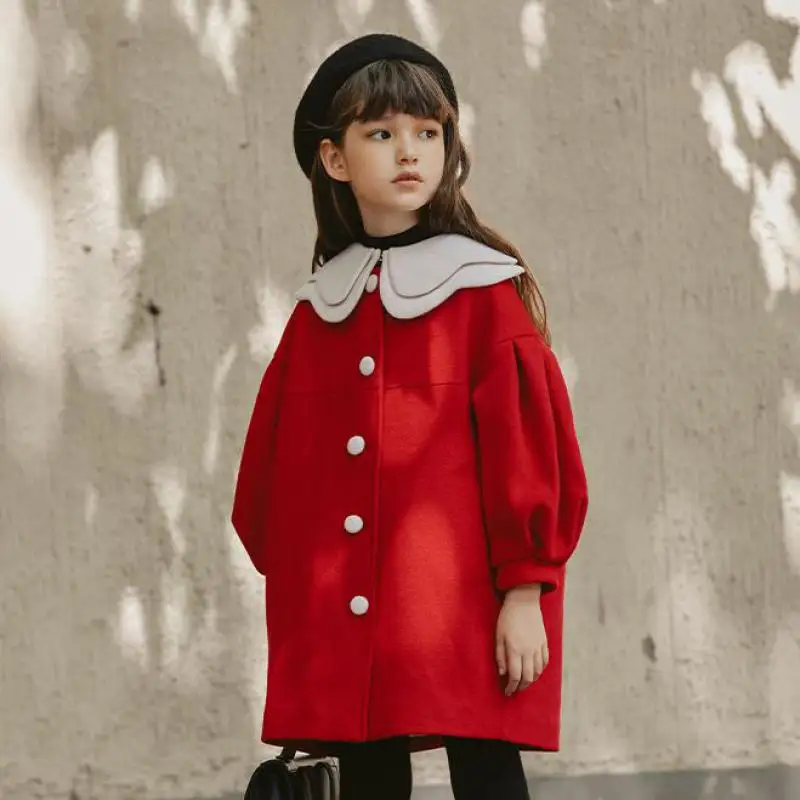 

Autumn Winter Long Coats For Girls Fashion Peter Pan Collar Jackets Children Outdoor Birthday Wedding Party Outerwear 5-14Y