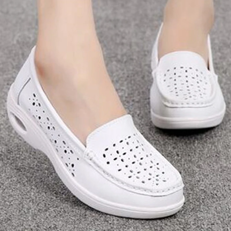 

TIMETANGSpring Summer Genuine Leather Shoes White AirCushion Nurse Shoes Slopewith Pregnant Soft Non-slipShoes Woman SneakerE791