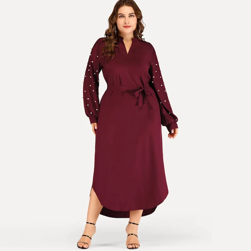

Autumn Plus Size Women Dresses 5XL 6XL Red Fashion Big Size Womens Clothing V-neck Solid color with Beaded Irregular Long Dress
