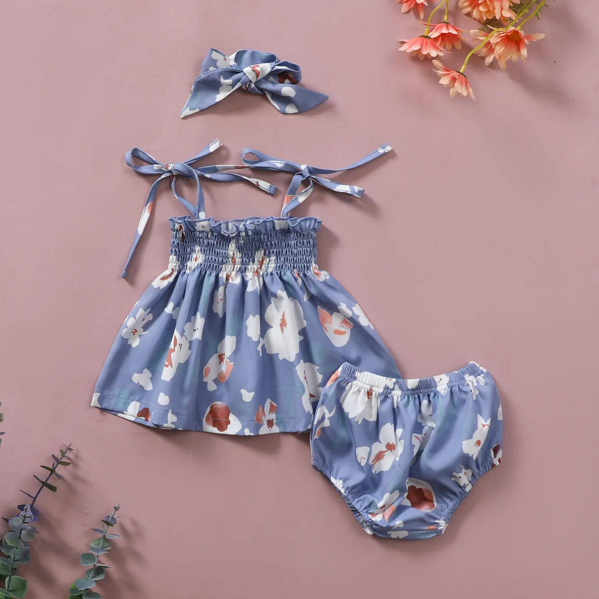 

1-3 Years Old Girl's Swimsuit Sleeveless Sling Bowknot Bandana Printed Triangle Shorts Set Three-piece Swimsuit Jumpsuits