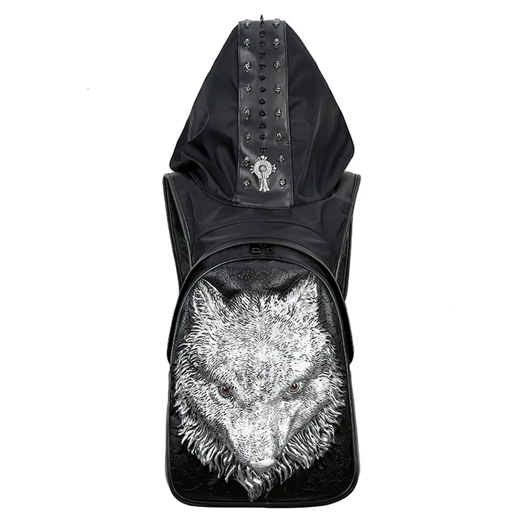 

2021 Fashion Personality 3D Wolf Head Leather Backpack Rivets Rivets Backpack with Hood Cap Apparel Bag Cross Bags Hip Hop Man