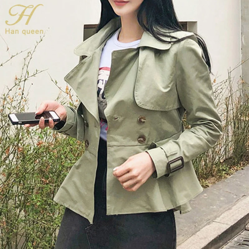 Army Green H Han queen/женский короткий Тренч из органической кожи в Корейском стиле; Повседневная модная верхняя одежда; пальто с вырезами и поясом; женские тренчи - Цвет: Army Green