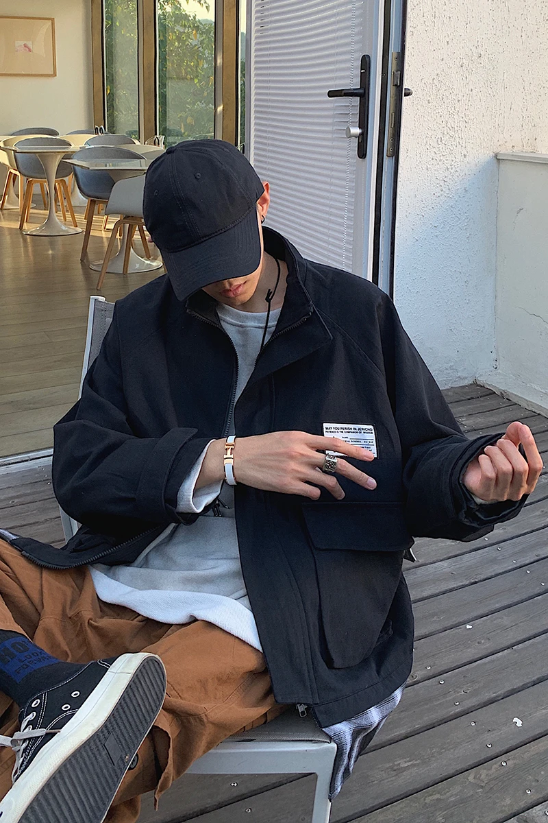 

2019 Autumn And Winter New Korean Version Of The Back Print Fashion Casual Jacket Loose Fake Two-piece Shirt Army Green / Black