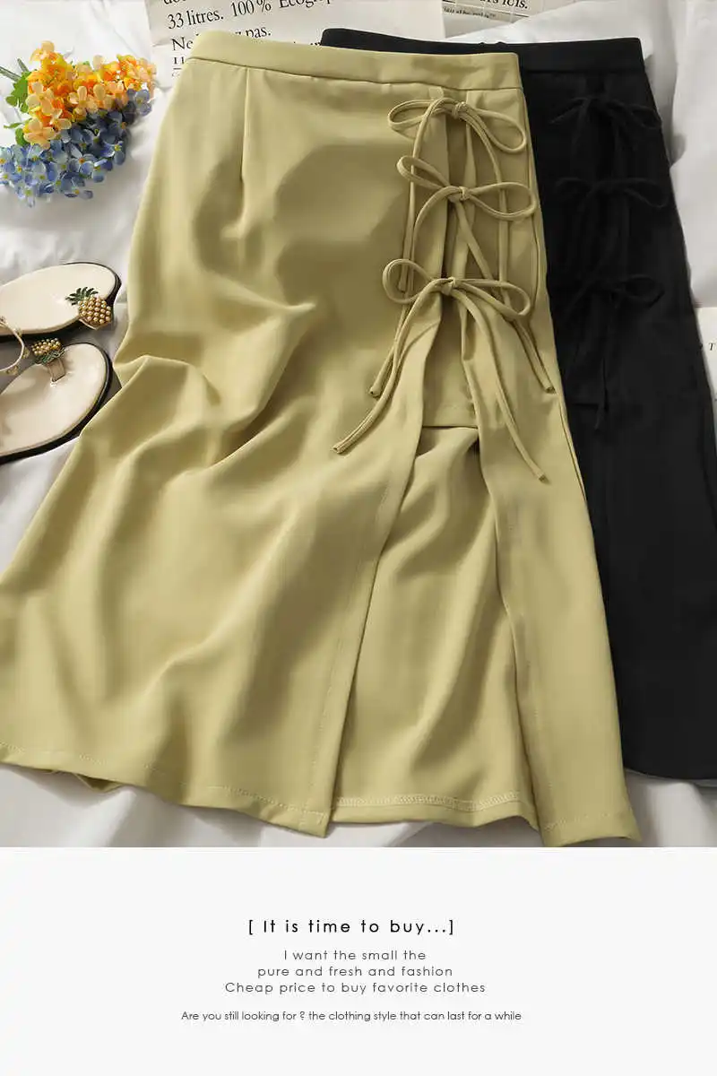 

2021 new irregular split mid length high waist skirt women's summer bow tie versatile A-line skirt