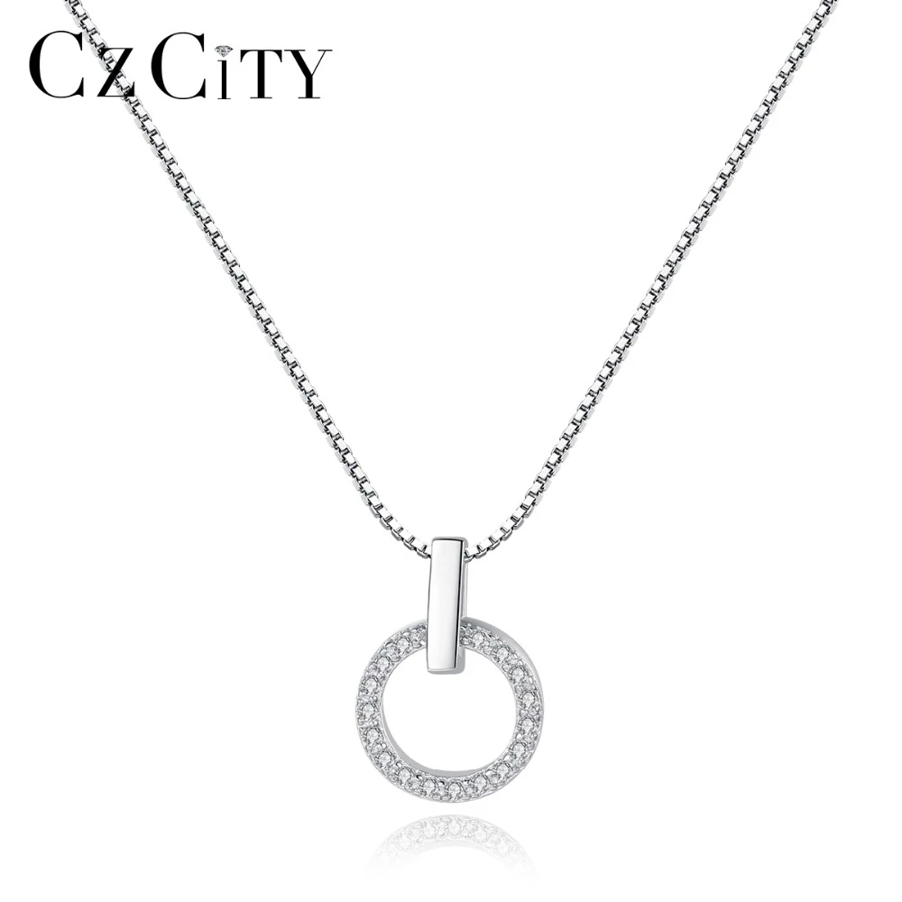 

CZCITY Minimalist Circle Round Pendant Necklace for Women with Shining Tiny Zircon Charming Pendant Necklace Silver 925 Jewelry
