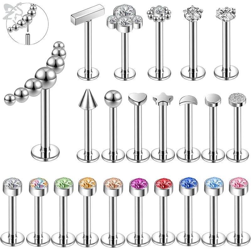 

ZS 1PC 316L Stainless Steel Lip Labret Piercing Plug-in Style Lip Ring CZ Crystal Heart Moon Star Ear Tragus Helix Piercing 16G