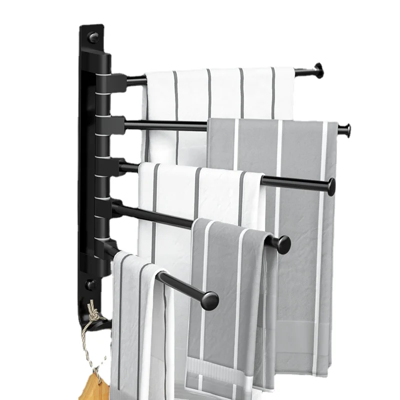 

Bathroom Towel Hanger Wall-Mounted Space Aluminum Towel Bar Holder 3/4/5 Rod Storage Rack with Hook Rotable Kitchen Shelf Tools