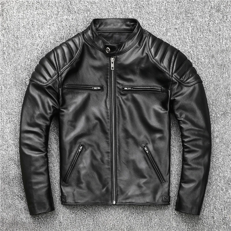 

Men 2020 Black Slim Fit American Motorcycle Leather Jacket Plus Size 4XL GEnuine Cowhide Short Biker Leather Coat FREE SHIPPING