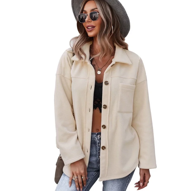 

Женская теплая куртка с карманами, повседневная однотонная куртка с длинным рукавом, отложным воротником и пуговицами спереди, модные зимн...