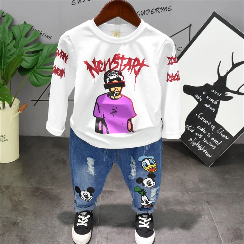 Костюм для мальчиков джинсовая куртка с мультяшным рисунком + джинсы модная