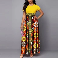 2021 women dress floral printed straight high waist color block dress elegant short sleeve long dress