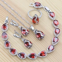 water drop earrings 925 silver jewelry sets for women red cubic zirconia ring bracelet necklace pendant earrings jewelry sets
