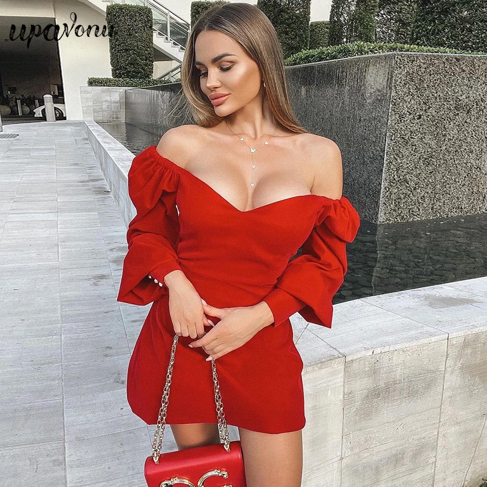 

Free Shipping Velvet Dress 2021 New Women Sexy V-neck Bubble Long Sleeve Burgundy A-line Mini Dress Celebrity Club Party Vestido