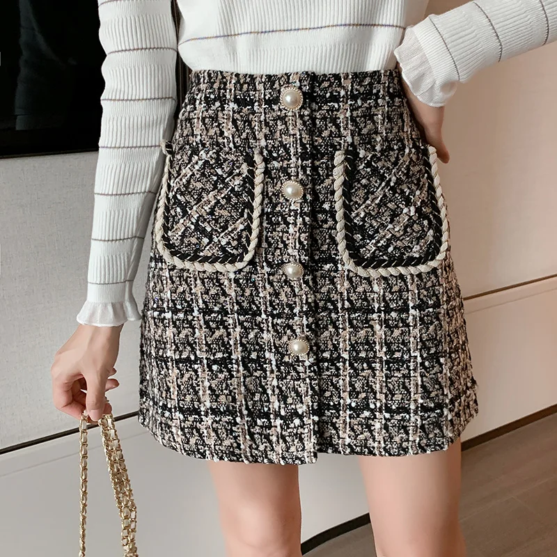 

Lucyever Empire Plaid A-line Midi Skirt for Women 2021 Autumn New Korean Pearl Button Mini Skirts Womens Harajuku Clothes Female