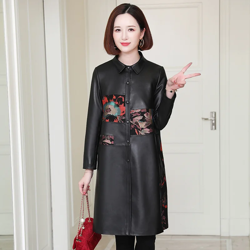 Mother Print Flower Genuine Leather Coats Long Women Long Sleeves Black Slim 4XL Real Sheep Fur Winter Overcoats Windbreaker