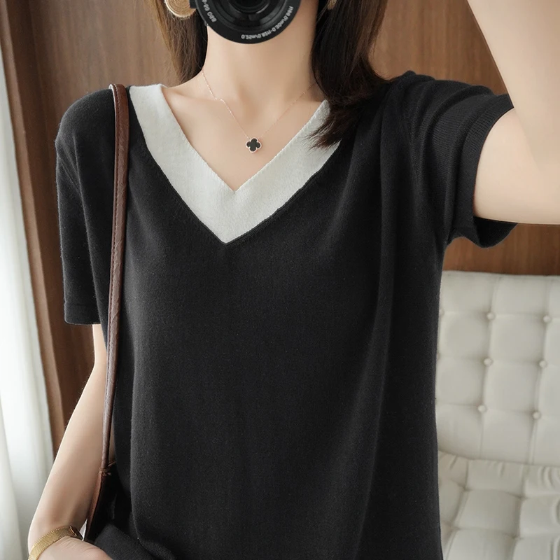 

2021 Summer New V-Neck 100%Pure Cotton Short-Sleeved Women's Plus Size T-Shirt Color Matching Thin Top Knitted Loose Base Shirt