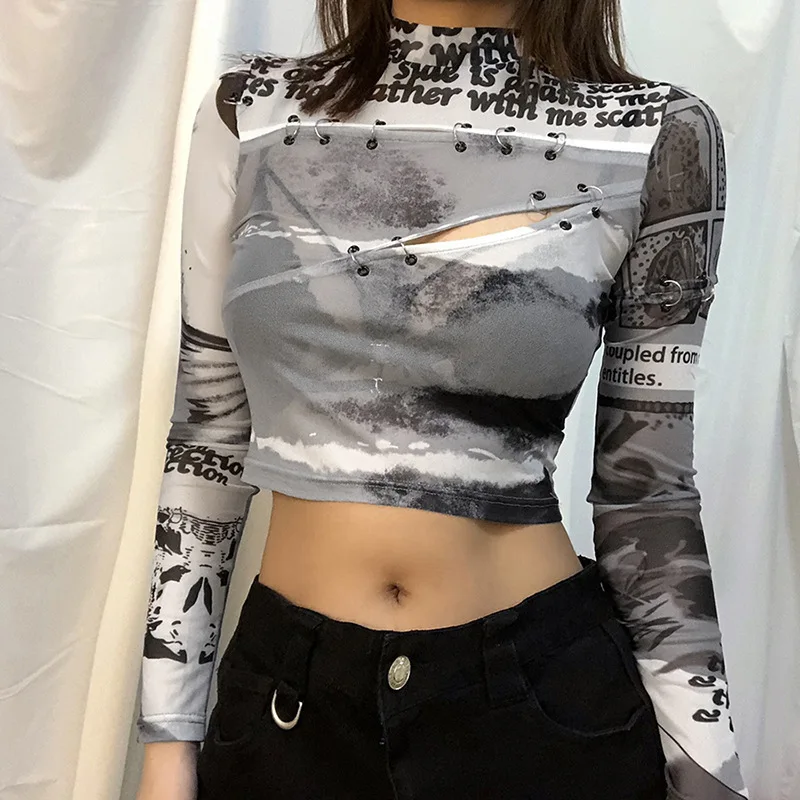 

Women Y2K Aesthetics Tie Dye Print Crop Top Mesh Sheer See-through Half High Collar Long Sleeve Hollow Out Slim Fit T-shirt