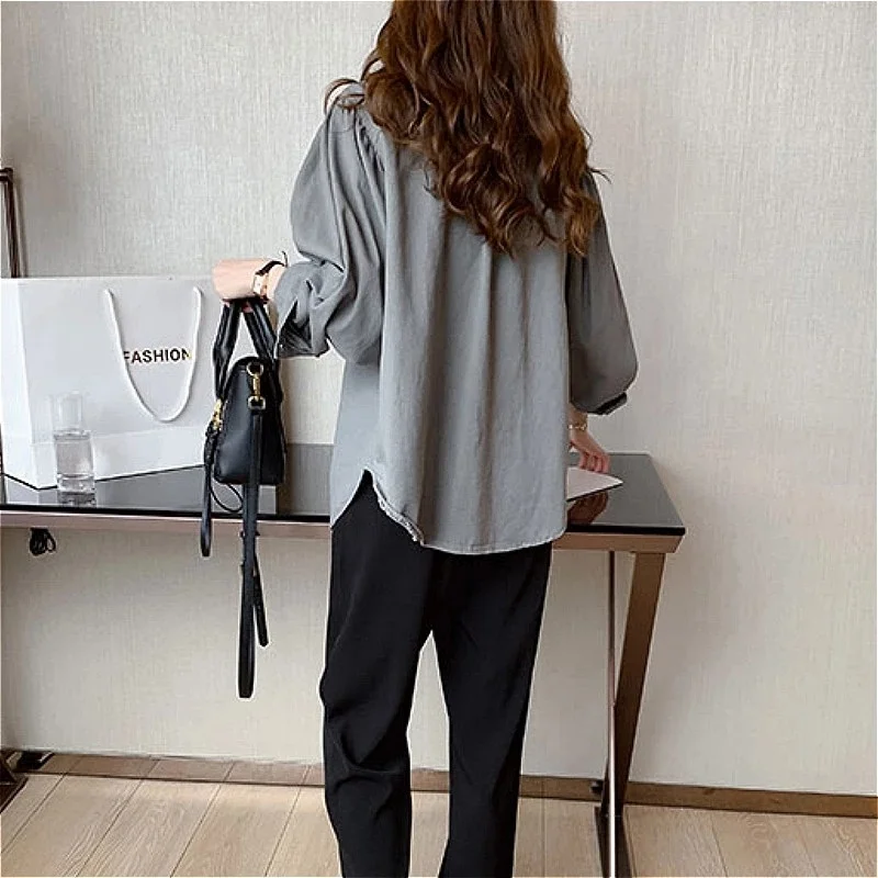 

Blouses Shirts Women Spring Pockets Long Sleeve Fashion Solid Korean Style Loose Students Chic Womens Vintage Street Elegant New