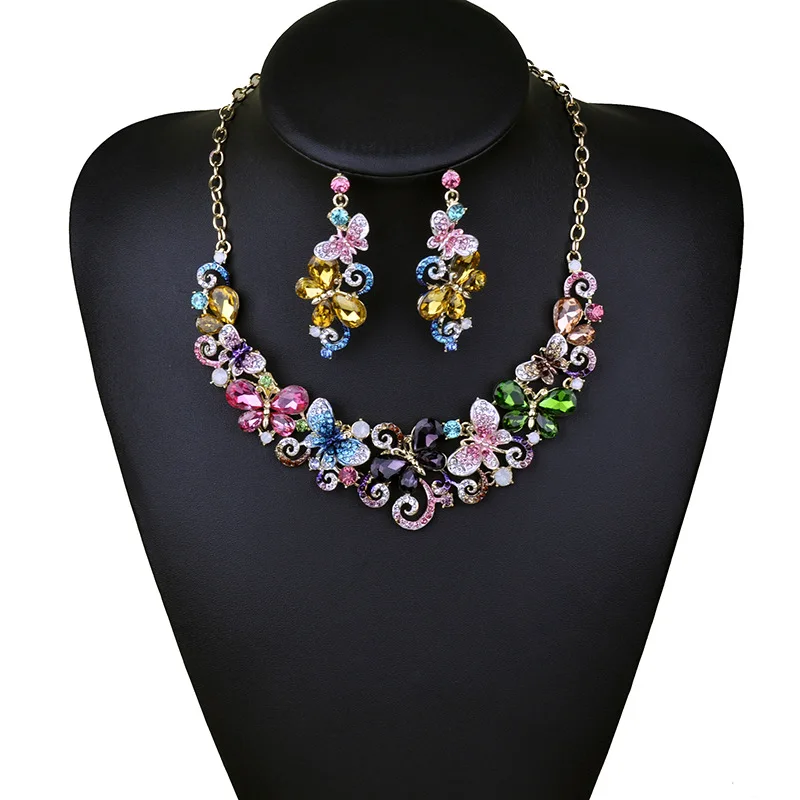 

Fashion luxury crystal flower Butterfly exquisite necklace and earrings women equisite elaborate banquet jewerly suit