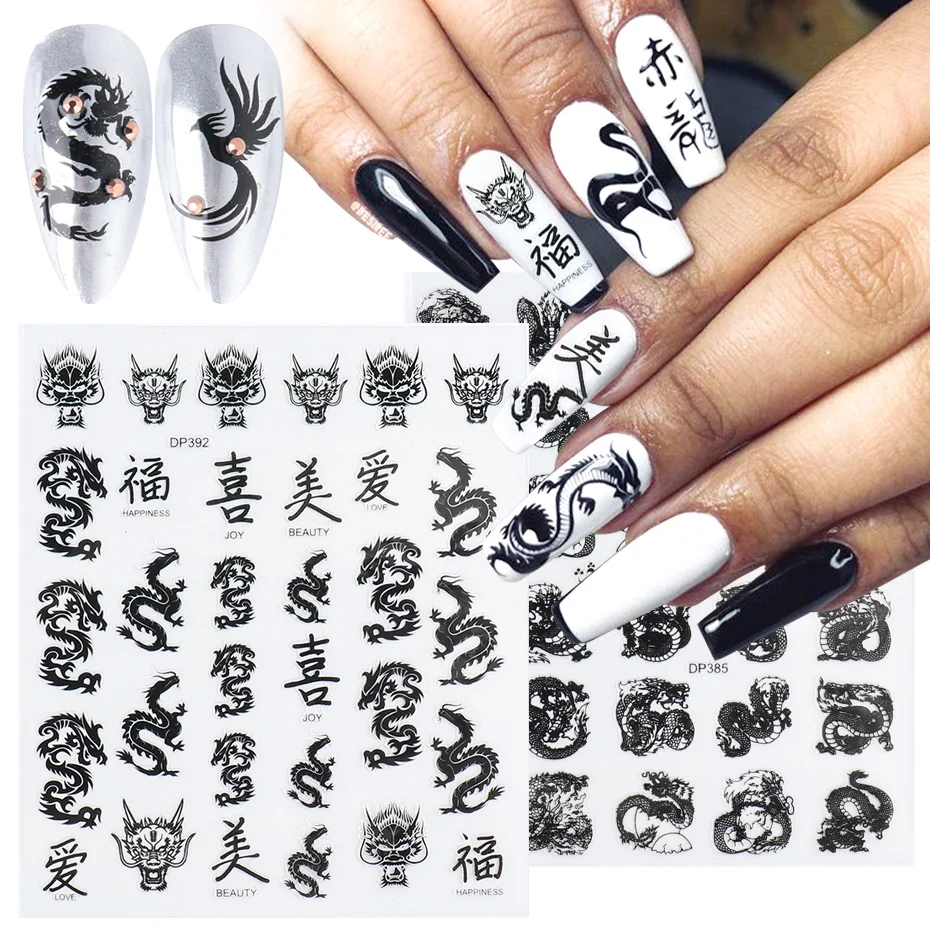 Черный Дракон наклейки для ногтей 5D клейкие китайские буквы Феникс Дизайн тату DIY