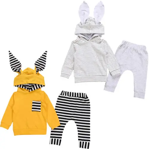 2Pcs Newborn Infant Kid Toddler Baby Boys Girls Clothes Bunny Hooded Cotton Popular Tops +Pants Outfits Set 0-24M |