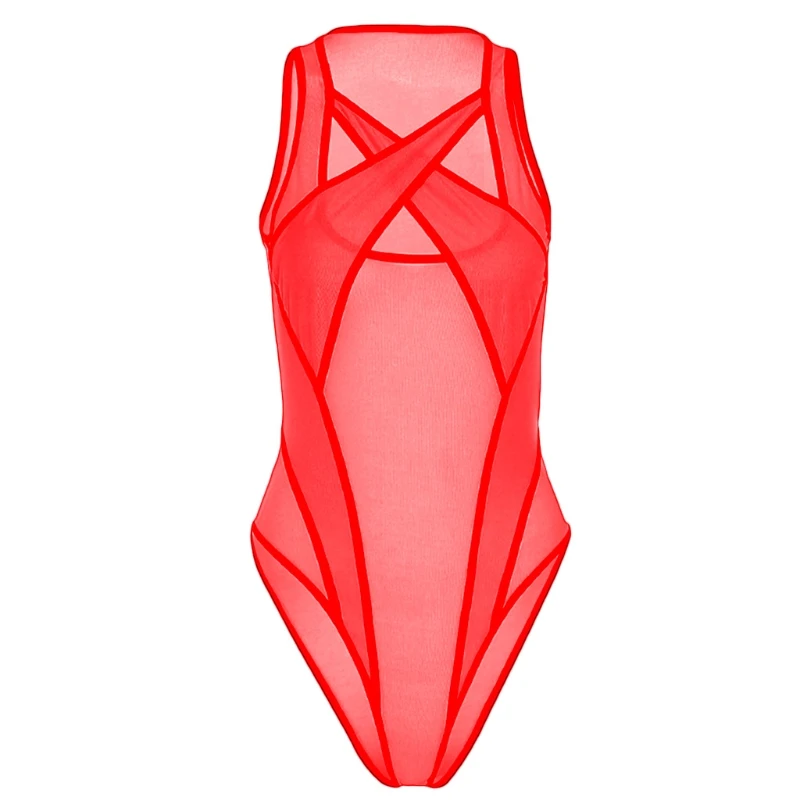 

Women Sleeveless Sheer Mesh Bodysuit Hollow Out Halter Bodycon Leotard Clubwear L41B