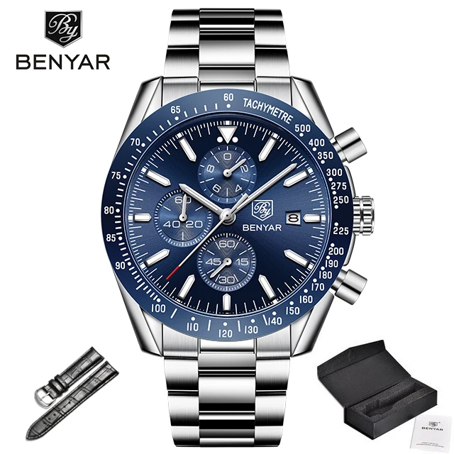 Blue BENYAR мужские часы Топ люксовый бренд Бизнес Сталь Кварцевые Часы повседневные водонепроницаемые мужские наручные часы Relogio Masculino - Цвет: Blue