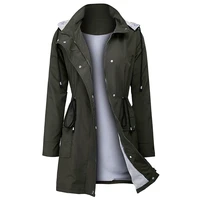 womens newest fashion winter windbreaker jacket with hooded belt drawstring buttons pockets
