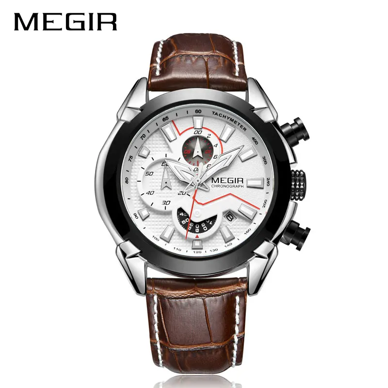 silver brown MEGIR Топ бренд Роскошные мужские часы Militray Спортивные кварцевые мужские часы кожа водонепроницаемые мужские наручные часы Подарочная коробка - Цвет: silver brown