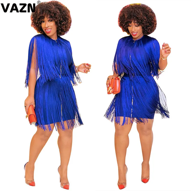 VAZN продукт летнее сексуальное женское синее мини-платье на молнии узкое платье с кисточками Сексуальное Женское однотонное сексуальное Клубное платье