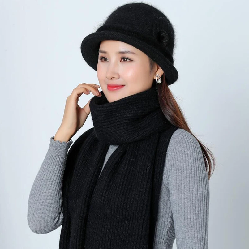 Зимняя шляпа для мамы и шарф набор женщин шапка из кроличьего меха шарфов зимняя