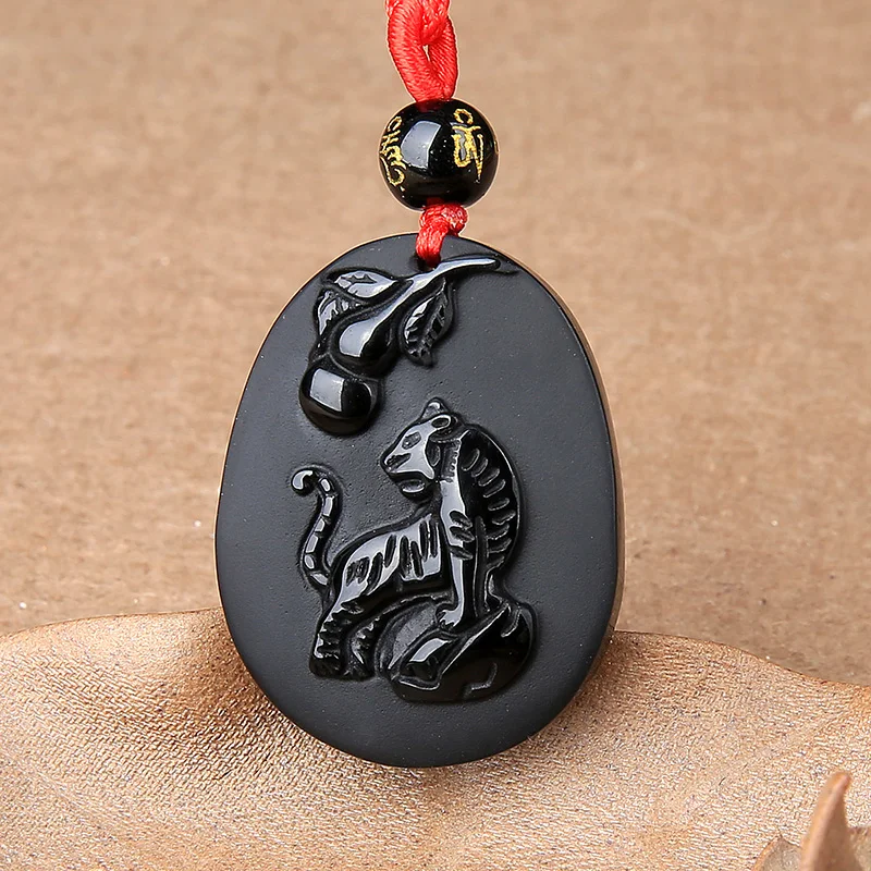 Натуральный черный обсидиан бусы ожерелье ручной работы Зодиак тигр нефрит