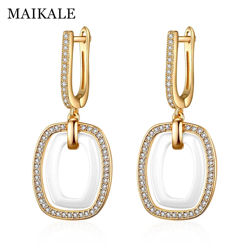 MAIKALE, новая мода, керамические круглые серьги-капли с цирконием для женщин, золотые, серебряные, с кубическим цирконием, висячие серьги, корейское ювелирное изделие, подарок - Окраска металла: gold white