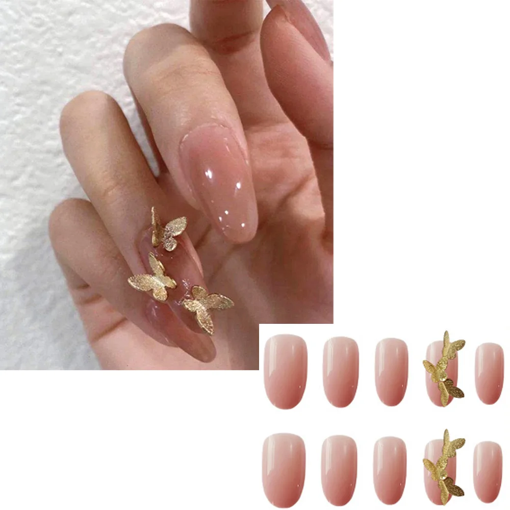 

24pcs Full Cover False Nails Lotus Root Pink Butterfly Detachable Fake Nalis Nails Manicure Patch Fake Nails With Glue