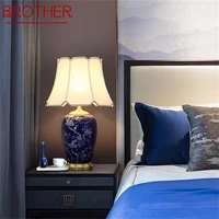 brother blue ceramic table lamps brass modern luxury fabric desk light home decorative for living room dining room bedroom