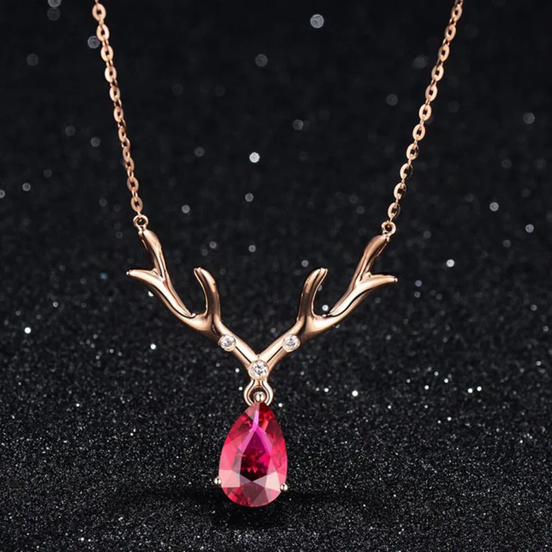 

New Sweet Little Antler Head Necklace Imitation Natural Red Gemstone Tourmaline Pendant 18K Rose Gold Plated For Women Jewelry