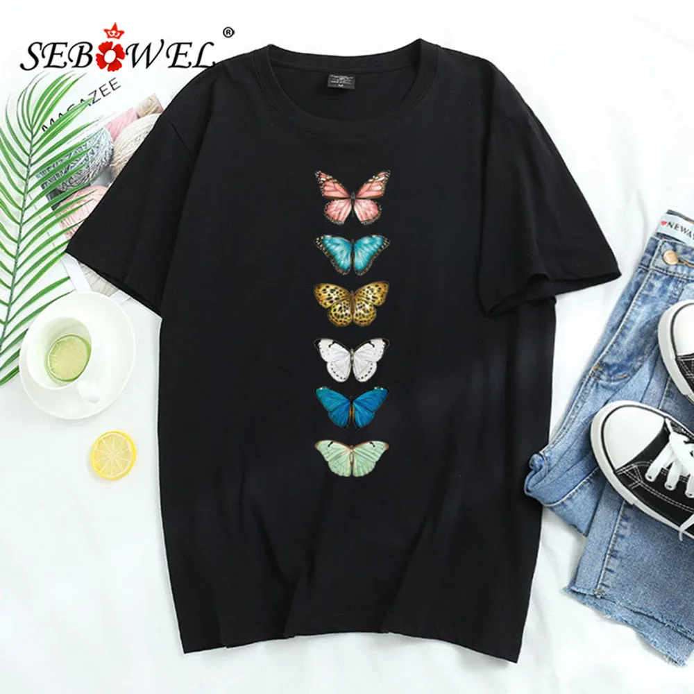 

SEBOWEL Women's T-shirt Tops Loose O-neck Butterfly Print Cotton Short Sleeve Female T-shirt Summer Casual Tee Clothes XS-XXXL