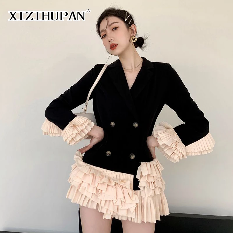 

XIZIHUPAN Korean Fashion Patchwork Female Blazer Notched Long Sleeve Colorblock Fold Pleated Loose Blazers For Women 2021 Style