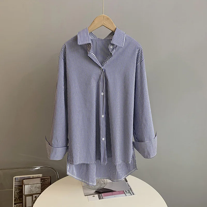 

2021 Spring Elegant Women Oversize/striped Shirt Loose Thin Long Sleeve Shirt